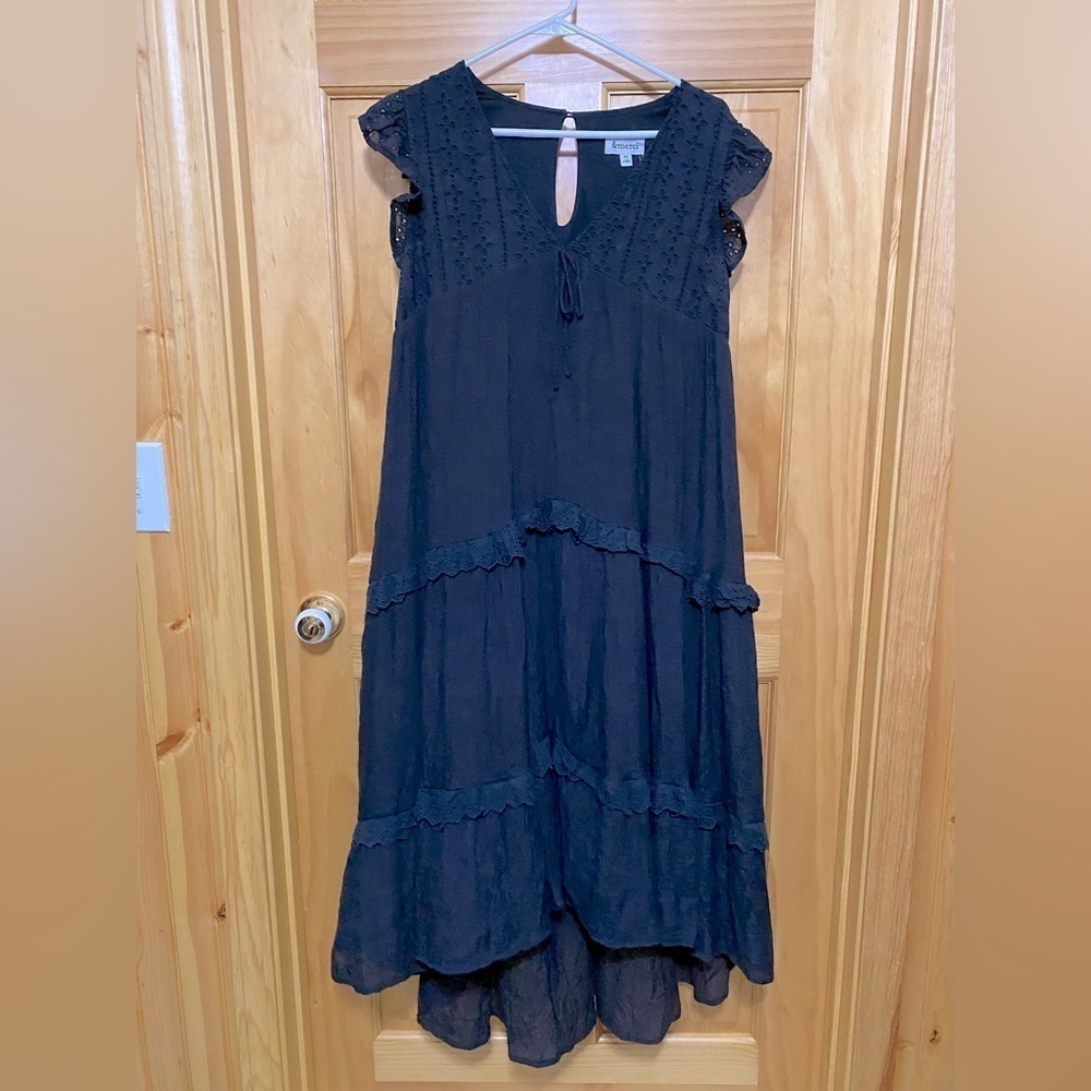 &merci Black Tiered Maxi Dress with Eyelet Lace Details, Size Medium.